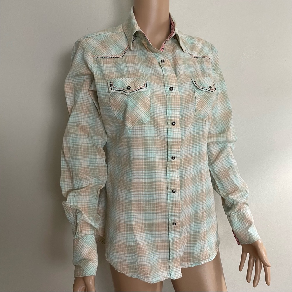 Women's RU APPAREL x Sherry Cervi PLAID Embroidered COWGIRL Western SHIRT  M